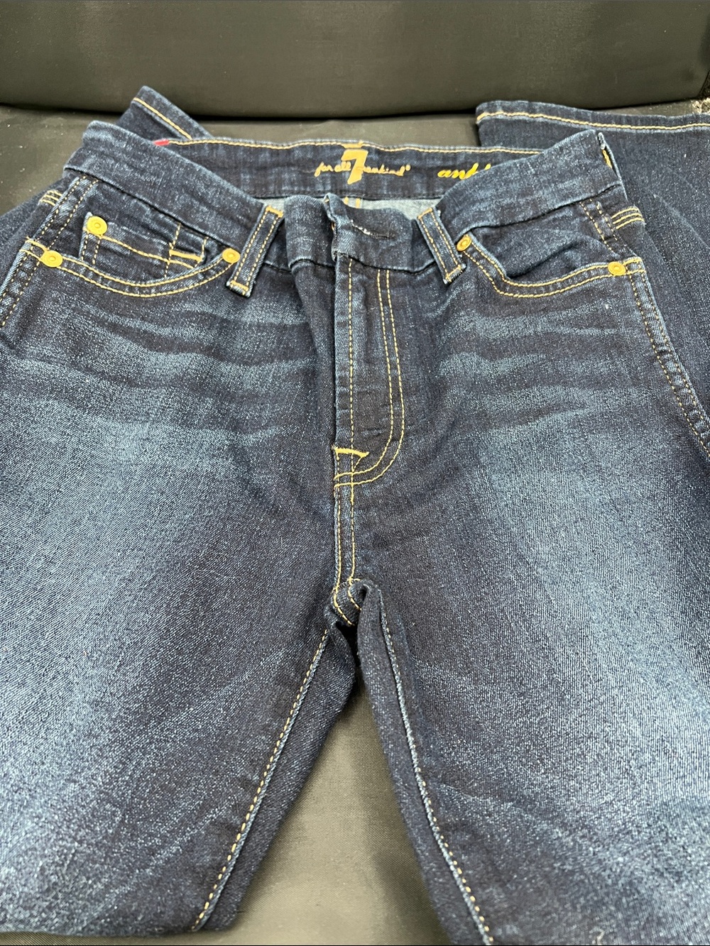 7 For All Mankind Women's Dark Blue Straight Leg Jeans with Yellow Stitching